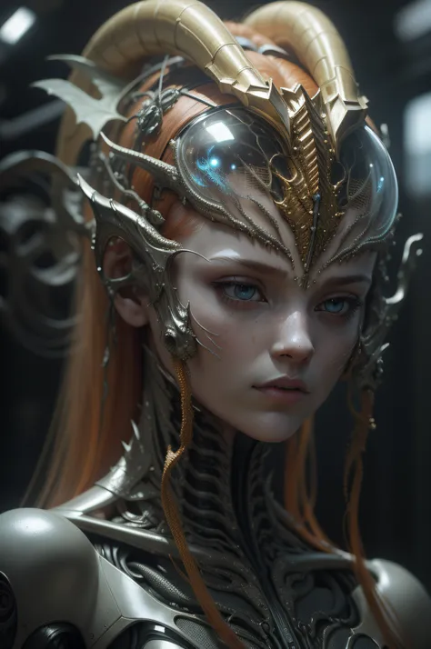 cinematic photo Hyperrealistic art RAW candid close up photo of an ethereal neural network organism, divine (cyborg dragon:2 girl:0.3, ginger:0.5 biomorph), glass skeleton, skinless:3, anatomical face, biomechanical details, (empty background), natural lig...