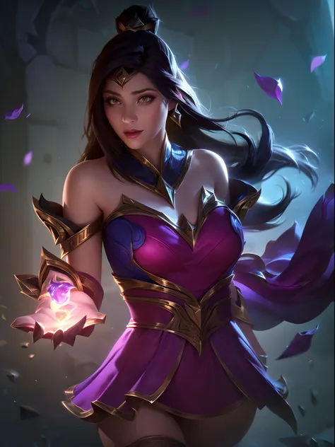 (league of legends:1.5), 1girll, long hair, solo, dress, petals, hair adornments, pink dress, brown hair, bare shoulders, black ...