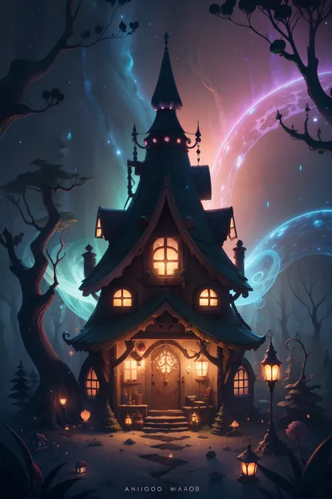 House of small and beautiful magical elves, In the magic wood, Illuminated by nebulae swirling in cosmic dust, cores escuras, digital art illustration, cores escuras, digital art illustration, simetria perfeita, aro iluminado, Pixar Studios, disco Rigido