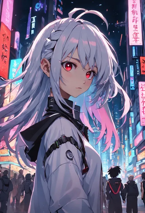 garota cyberpunk adolescente, aproximadamente com 17 anos de idade. Ela deve ter longos cabelos brancos com mechas roxas. Their eyes are robotic and emit a red glow. She is in a futuristic urban environment, neon-lit