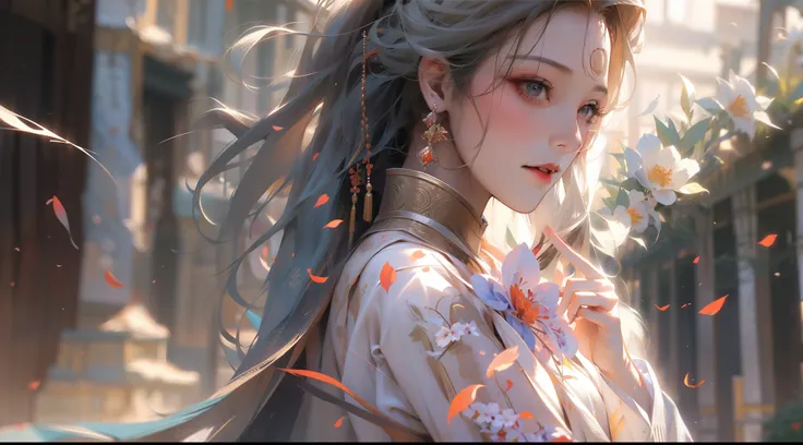 （best qualtiy），（fidelity：1），realistic skin textures，highly  detailed，8k wallpaper，Master masterpieces，ultra - detailed，detailedfacialfeatures，Volumetriclighting，动态照明，Bust photo，1 woman，sword in hands，Petals flying，misterious，ancient buildings，电影灯光，Dynamic ...