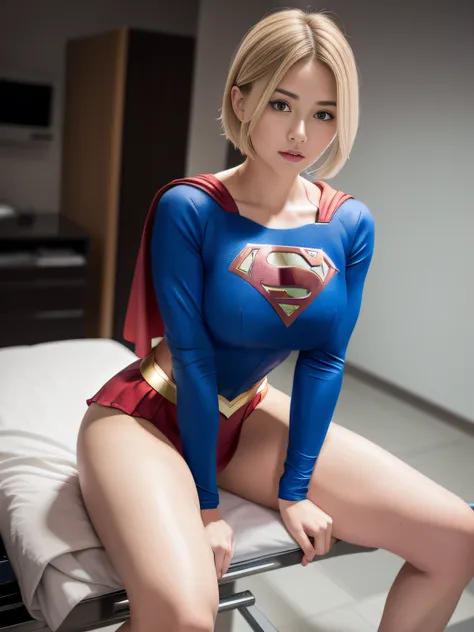 ​masterpiece,Supergirl Costume, short-hair, bare-legged, large full breasts,surgery room、Operating table、straddle、depraved、shiny、Looking at the camera、Provocation