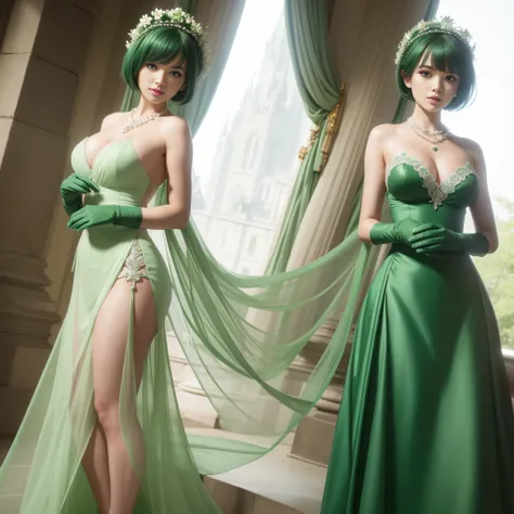 Green Dress Flower Cleanser，Sense of atmosphere, best qualtiy，tmasterpiece，1girll，30-years old，Green dress，Daytime Church，full body Esbian, Green gloves，With short green hair，big breasts beautiful，looking at viewert，ssmile，Green Bridal Veil，Green Long Grov...