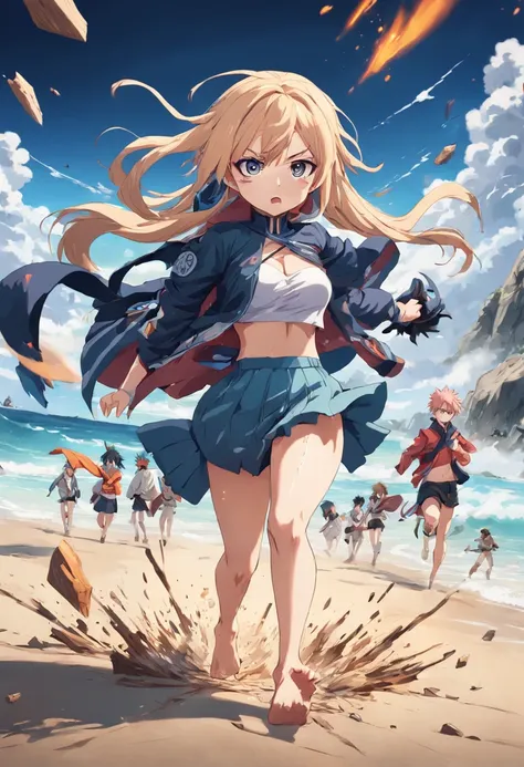 Anime characters running on a beach with a lot of debris, naruto art style, Anime wallpaper 4K, 4k anime wallpapers, 4K anime style, Badass anime 8 K, 4k anime wallpapers, detailed digital anime art, style of anime. 8K, Anime art wallpaper 4k, Anime art wa...