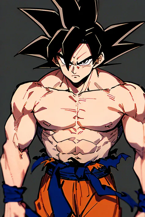 son goku, 1boy, closed mouth, male focus, muscular, muscular male, rock, sash, serious, solo, spiked hair, topless male, torn clothes, ultra instinct, black eyes, black hair, ((masterpiece))