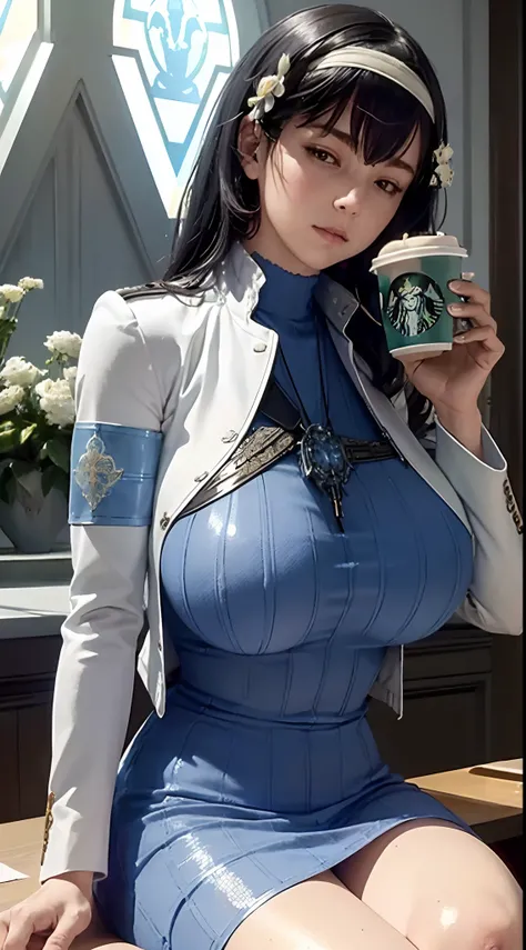 (((beautiful))),mary,blue sweater, white jacket, cropped jacket, long sleeves, open clothes, ribbed sweater, armband, huge breasts,(((shiny skin))), ((intricate details)), hdr, ((intricate details, hyperdetailed)), cinematic shot, sitting in cafe , drinkin...