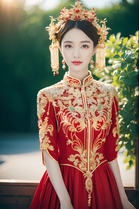 A woman in a red and gold dress，Phoenix crown，tmasterpiece，best qualtiy，（realisticlying，photograph realistic：1.3），（RAW photos：1.2），the Extremely Detailed CG Unity 8K Wallpapers，Extremely Delicately Beautiful，Amazing，finedetail，offcial art，absurderes，Incred...