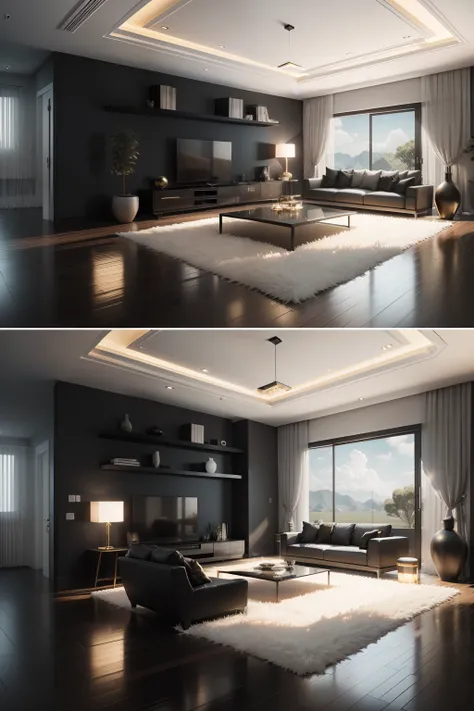 Black gray is the main color, Big villa space，Gold accents，detailed archviz render