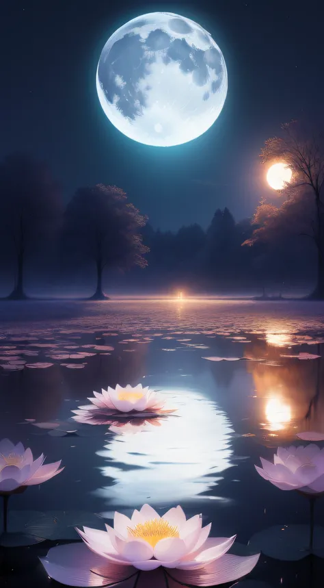 (((the night)))，(((the huge moon)))，Moonlight is reflected on the surface of the water，lotus flower，Huge pond，Faraway view，Wide world，inverted image，Water streaks