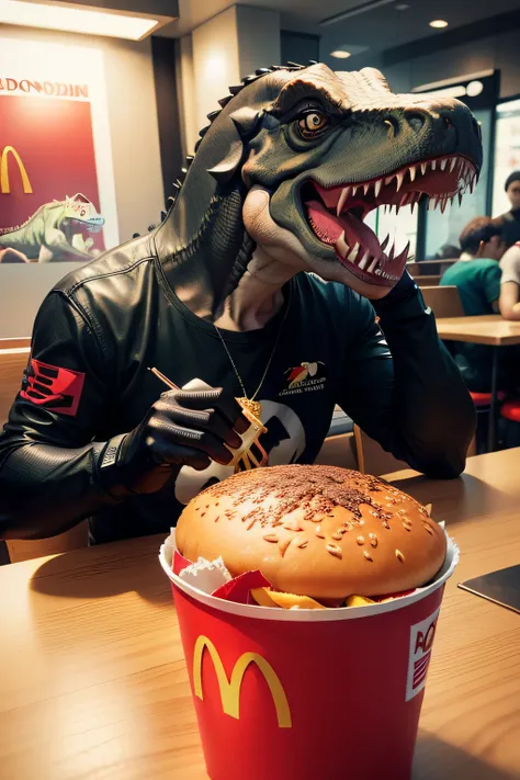 Tyrannosaurus rex eating in mc donalds