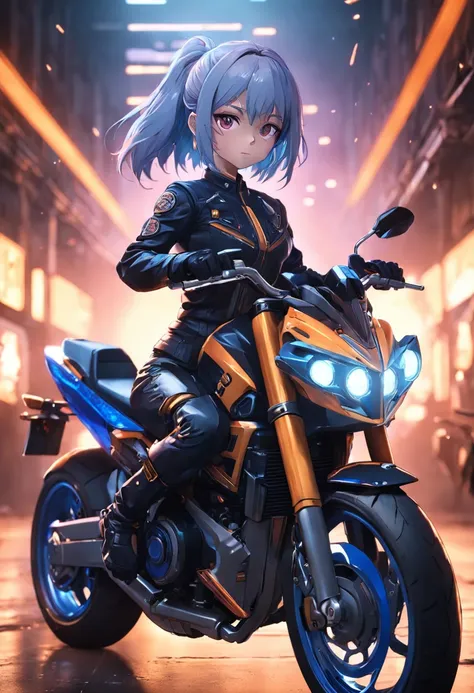 "3D motorcycle club style portrait，real rendering，Friction sparks shine，Depth of field，Unreal Engine 5 technology，concept art style，brightcolors，Glow heating effect，Art station popular works，Ultra-high detail，cinmatic lighting，Focus on the look，8 km vista。...