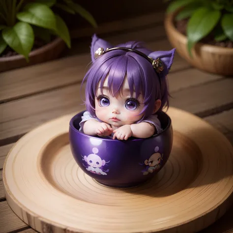 Cute Baby Chibi Anime,Purple and blue kimono,Sit in a bowl,Fairytale Forest