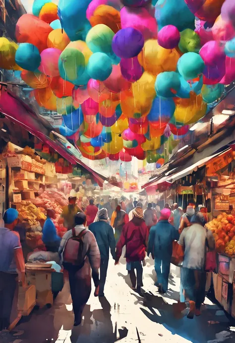 There are many people standing around the market with balloons, the vibrant echoes of the market, street vendors, busy market, Market, street market, ((Supersaturation)), Cheerful ambiance, digital collage, sunday afternoon, market setting, overlaid with c...