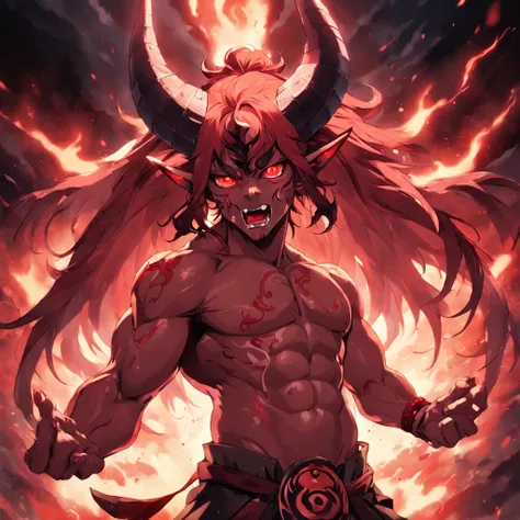 masterpiece, best quality, 1 male, red Oni, red skin, long brown hair, two horns coming from his forehead, and glowing red eyes