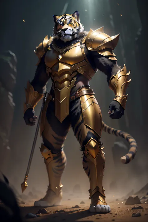 Awe-inspiring tiger guide image, standing on your feet, Hold the flashlight with one hand, Wearing gold and black armor, furry fantasy art, High detail, Cinematic lighting, god light, hyper HD, A high resolution