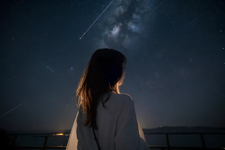 arafed woman looking at the stars in the sky, girl looks at the space, during a meteor storm, perseides meteor shower, shooting star in background, looking at the stars, meteor shower, looking at the sky, meteors are falling from the sky, dark and stars in...