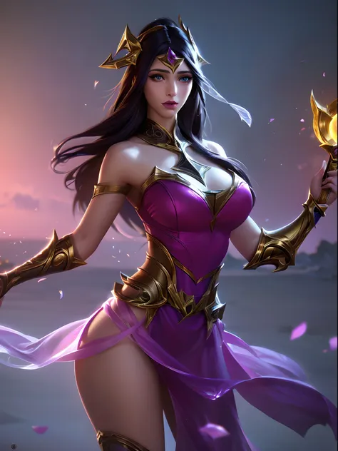 (league of legends:1.5), 1girll, long hair, solo, dress, petals, hair adornments, pink dress, brown hair, bare shoulders, black ...