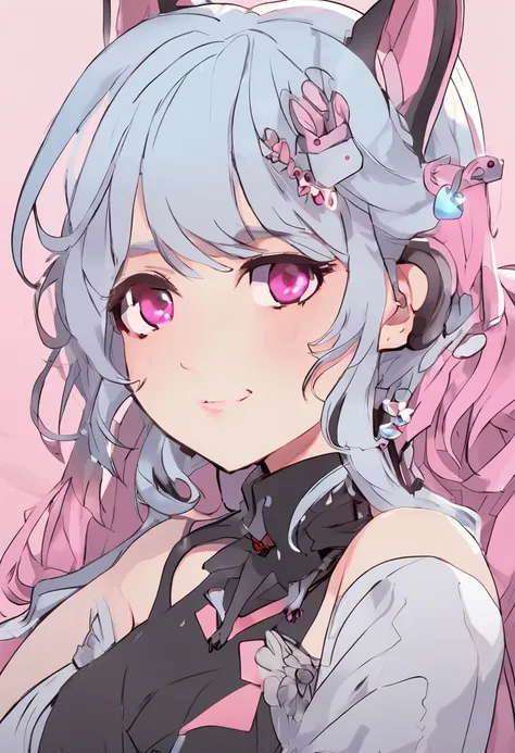 barechested，Kizi,full bodyesbian,long eyelasher, Silver hair, Light blue hair, Gradient hair, hair pin, Hairpin, hair adornments, Heart-shaped pupils, Pink eyes, Cat ears, Light smile, Shy, Blush, hearts in eyes, anime big breast, Anime style, 8K, Super de...