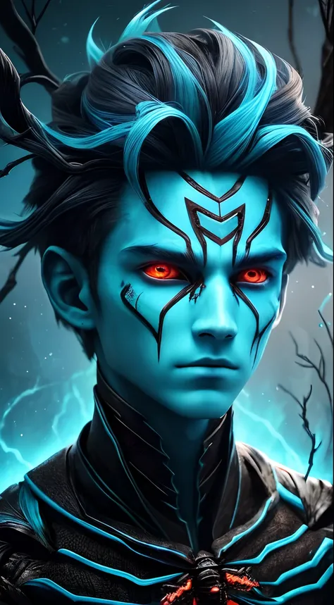 A humanoid boy with a cracked cyan face and red eyes, in the style of twisted branches,  made of insects, burning/ charred, technological design, supernatural creatures, realistic human figures, subsurface fireflies, burning blue cotton hair，The future sci...