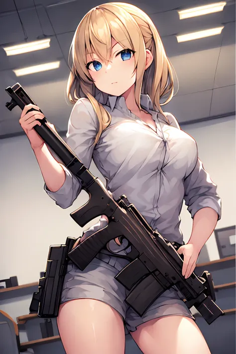 a girl with blonde hair holding a gun