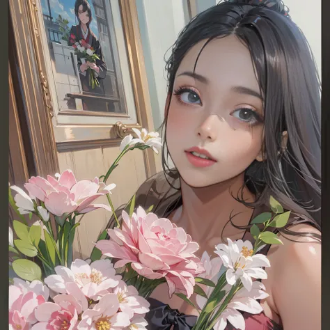 Masterpiece, super high quality, super detail, perfect drawing, solo, beautiful girl, black ponytail, hair tied with a big red ribbon, equipped with two Japan swords, holding a big bouquet, bouquet with love, bouquet to you,