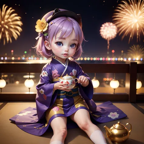 Cute Baby Chibi Anime,Purple and blue kimono,Sit in a cute teapot, Ras Al Khaimah New Years Eve fireworks display