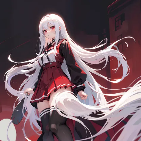 Long white hair, red color eyes, Wear pleated skirts, dressed in a black coat，Inside was a white sailor suit，Wearing black stockings, Plump body, An anime character, Only one person，Drinking brown drinks on the street