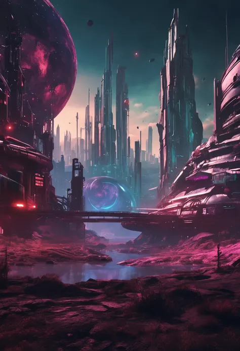 Cyberpunk landscape of Pluto time