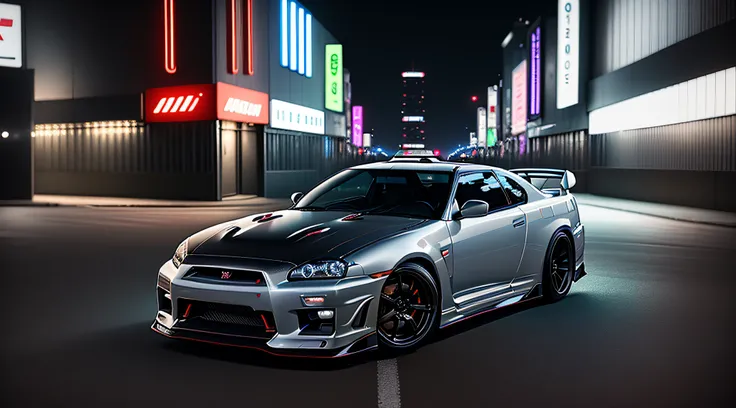 Dark White Nissan Skyline GTR in a Neon City at Night, Fotografado com um Sony mirrorless, 35 mm, fotografia, cinemactic, hyper realistic, Tendency in flickering