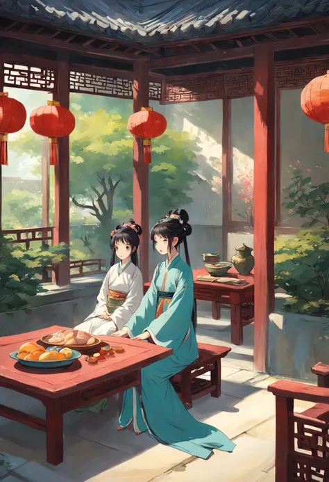 Song dynasty，midsummer，In the courtyard of a wealthy family，A white-clothed scholar lay on a lounge chair in the courtyard，There are also a few maids waiting beside him，There are also fruits on the table next to it，desserts。