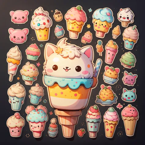 Stickers, cute all kinds of ice cream, simple background, overlook, overlook