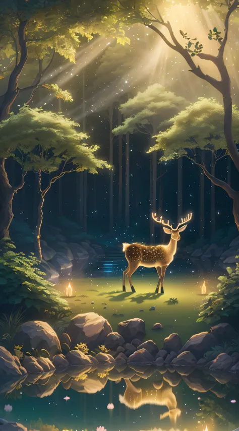 Masterpiece, best quality, (very detailed CG unified 8k wallpaper), (best quality), (best illustration), (best shadow), glowing deer, with a glowing deer, drinking water in the pool, natural elements in forest theme. Mysterious forest, beautiful forest, un...