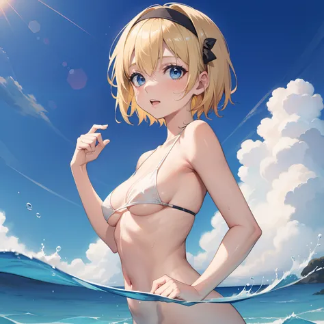 Young woman, (( short blonde hair 9.0 )), black headband, naked in the water, background blue ocean