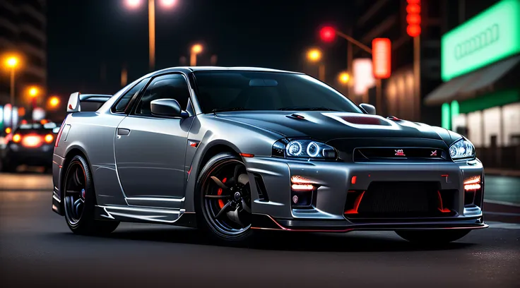 Dark White Nissan Skyline GTR in a Neon City at Night, Fotografado com um Sony mirrorless, 35 mm, fotografia, cinemactic, hyper realistic, Tendency in flickering