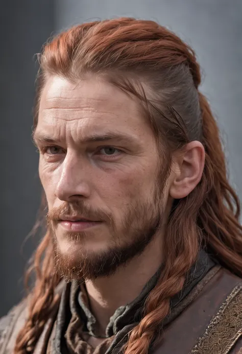 a portrait photo of, James Hebert and Ben Robson mix headshot as a weathered 30-year-old man, ugliness, Hideous, lanyard, broad shoulder, well built, rugged, long copper rust-colored hair, Hair tied in a loose ponytail, Widows peak, short and thick beard, ...