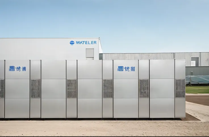 There is a large metal building，There is a sign on it, The energy storage device is in the middle， Face photography，