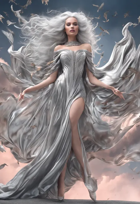 "A majestic, ethereal goddess with voluminous silver hair, adorned in a flowing silver dress, gracefully flying up in the air above a mesmerized crowd, showcasing her modeling prowess on a grand runway."