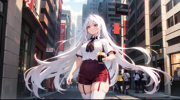 Long white hair, red color eyes, Dark purple shorts，Inside are white short sleeves，Wearing black stockings, Plump body, An anime character, Only one person，Drinking brown drinks on the street