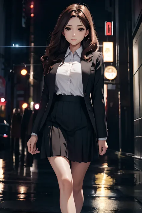 ample breasts、modest brown hair、Loose Wave、Woman in her 30s、35 year old、adult lady、Wearing a suit、skirt by the、White shirt only、open ones legs