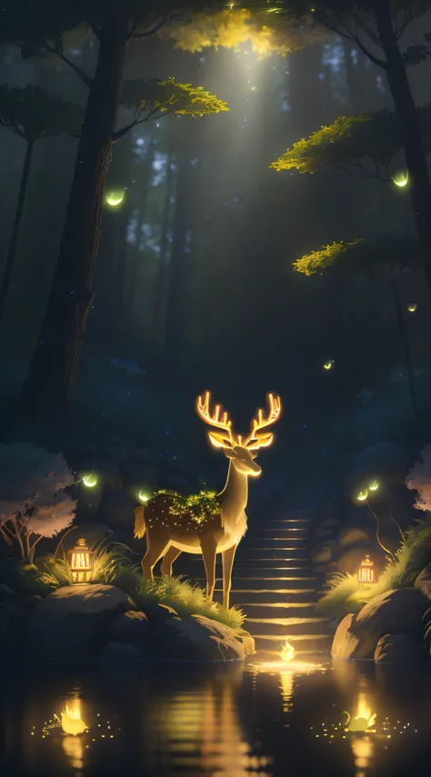 Masterpiece, best quality, (very detailed CG unity 8k wallpaper), (best quality), (best illustration), (best shadows), glow sprite, with a glowing deer, in the swimming pool Drinking water, natural elements in the forest theme. Mysterious forest, beautiful...