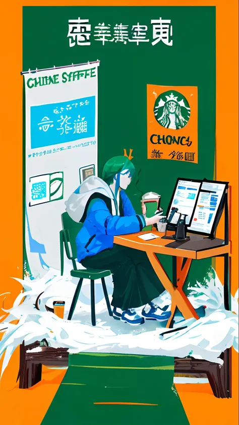 A poster ad text：Chinese Simplified，exaggeration，Vibrant fonts，Alipay APP scan code payment to enjoy 9% discount on coffee Screen elements：cellular phone，The logo of the Alipay app，Coffee cup with Starbucks logo Graphic style：blue colors，green color，white ...