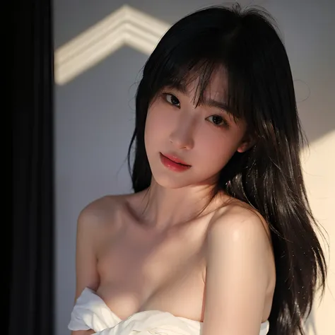 masterpiece, 8k, Best quality,  ultra high res, (photorealistic:1.4), 1girl, (bare shoulders), Half-length photo, deep shadow, dark, film lighting, delicate face,delicate eyes, smile,   with black background,inkyung, looking at viewer,