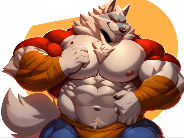 imagem de estilo de um homem com um corpo semelhante a um lobo e uma camisa, lobisomem musculoso, peito fofo, musculoso! Branco, peito peludo, super buff e cool, Commission for High Res, lobo peludo, thick furry neck and fluff on his chest, corpo peludo, A...