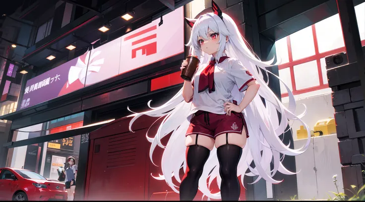 Long white hair, red color eyes, Dark purple shorts，Inside are white short sleeves，Wearing black stockings, Plump body, An anime character, Only one person，Drinking brown drinks on the street