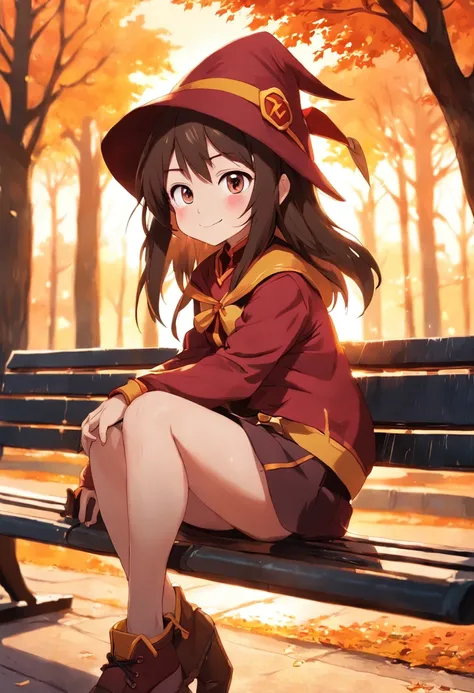 Subject: Megumin, Action: Sitting Context: On a park bench Setting: In a park Lightning: During sunset Artist: Konosuba Style: Anime Medium: Digital illustration Type: Character portrait Color Scheme: Warm, soft tones Computer Graphics: 2D Animation Qualit...