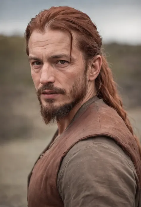 a portrait photo of, James Hebert and Ben Robson mix headshot as a weathered 30-year-old man, ugliness, Hideous, lanyard, broad shoulder, well built, rugged, long copper rust-colored hair, Hair tied in a loose ponytail, Widows peak,Whole body muscles ，Conf...