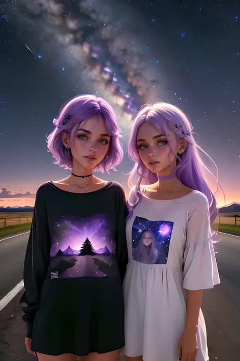 melhor qualidade, realista. 2 garotas de costas uma para a outra, a girl has lilac hair. A outra garota tem cabelos verde/Verde. They are in front of a dark road and in the middle of nowhere, night and starry sky