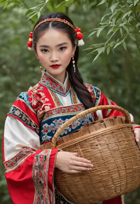 Beautiful woman in Hmong costume，Carrying a bamboo basket，There are a lot of wild mushrooms in the bamboo basket，Wild mushrooms， Traditional clothing, Traditional Chinese clothing, traditionalcostumes, wearing authentic attire, Chinese woman, Chinese tradi...