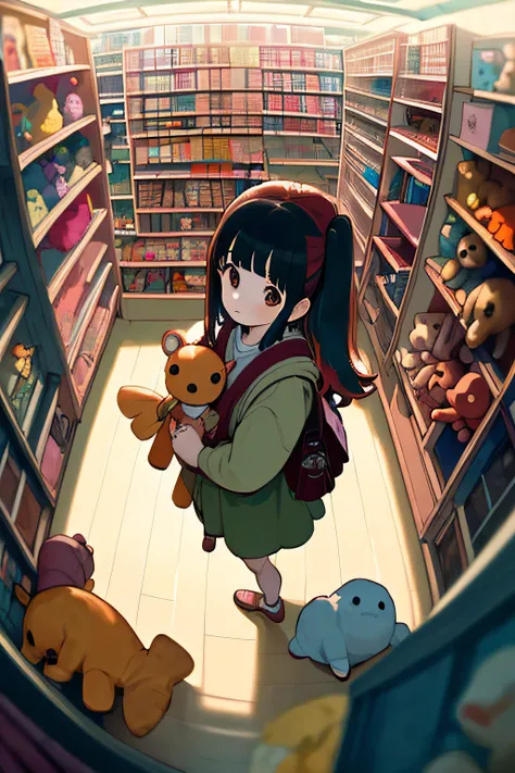 (masterpiece, best quality), (colorful:0.9), from above, solo, 1girl standing in a store with lots of stuffed animals on the shelves and a bag of stuff, depth of field, fisheye lens