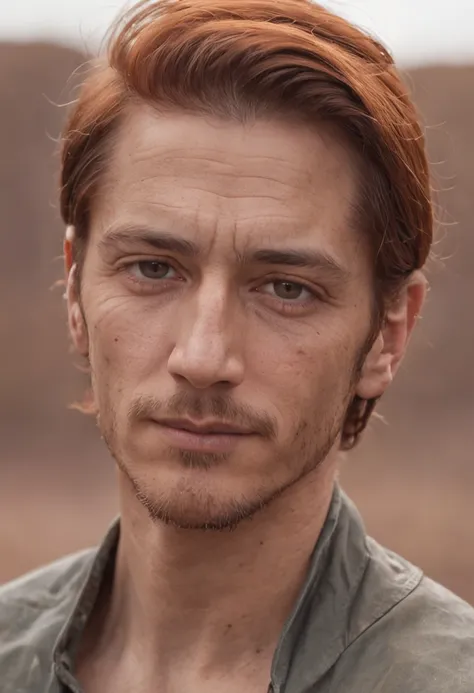 a portrait photo of, James Hebert and Ben Robson mix headshot as a weathered 30-year-old man, ugliness, Hideous, lanyard, broad shoulder, well built, rugged, short copper rust-colored hair, Hair tied in a loose ponytail, Widows peak,Whole body muscles ，Con...